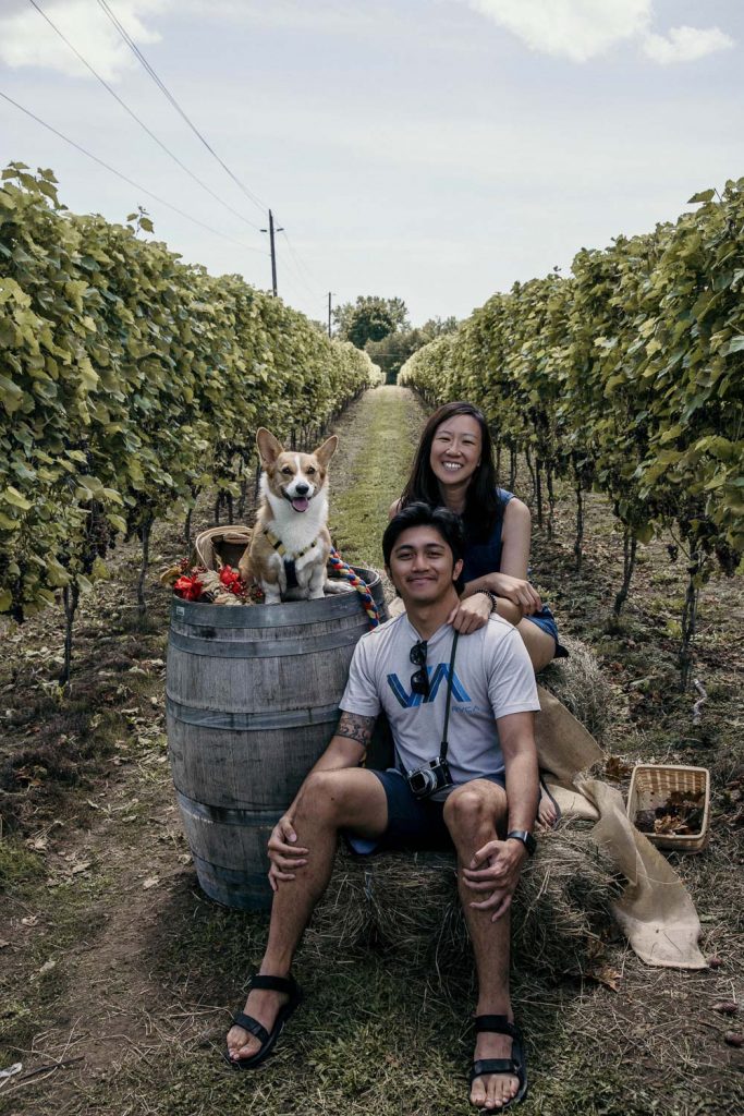 Maria, Limone, and Angelo from SYDE Road posing at the Top Dog Photoshoot even held at the dog-friendly Hounds of Erie Winery in the Norfolk County