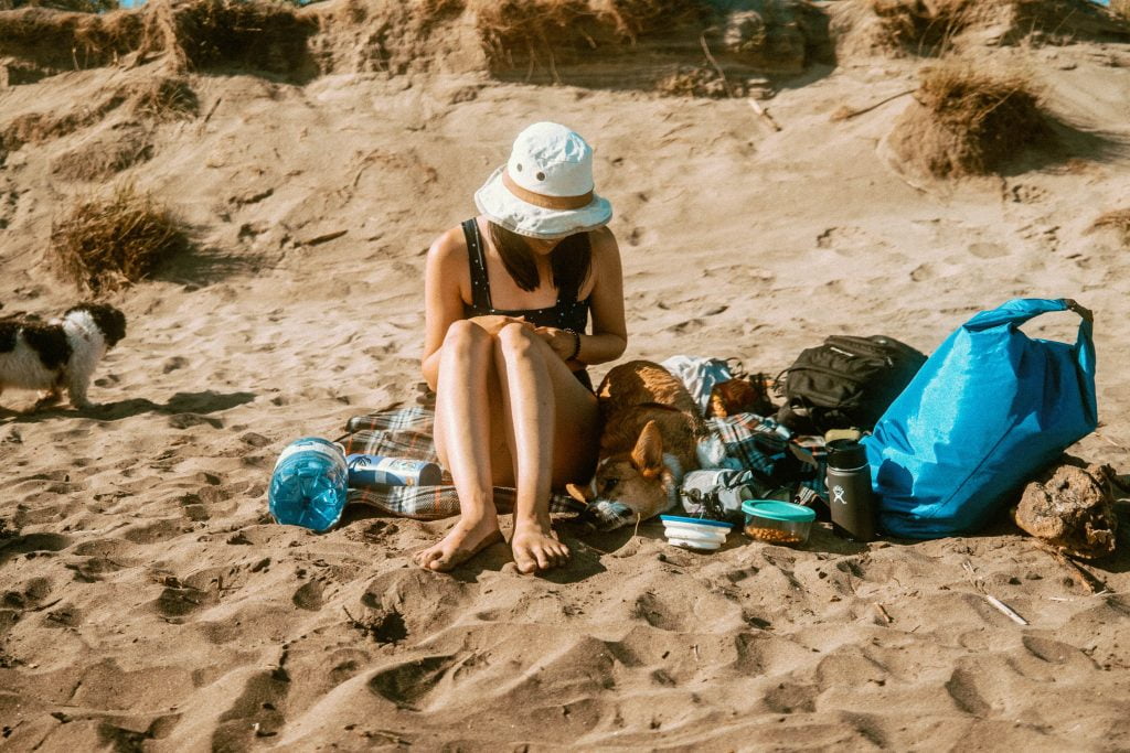 Woman sitting on a picnic blanket on the beach beside a corgi and the rest of her gear. Picture taken at Long Point Provincial Park Dog Beach for SYDE Road