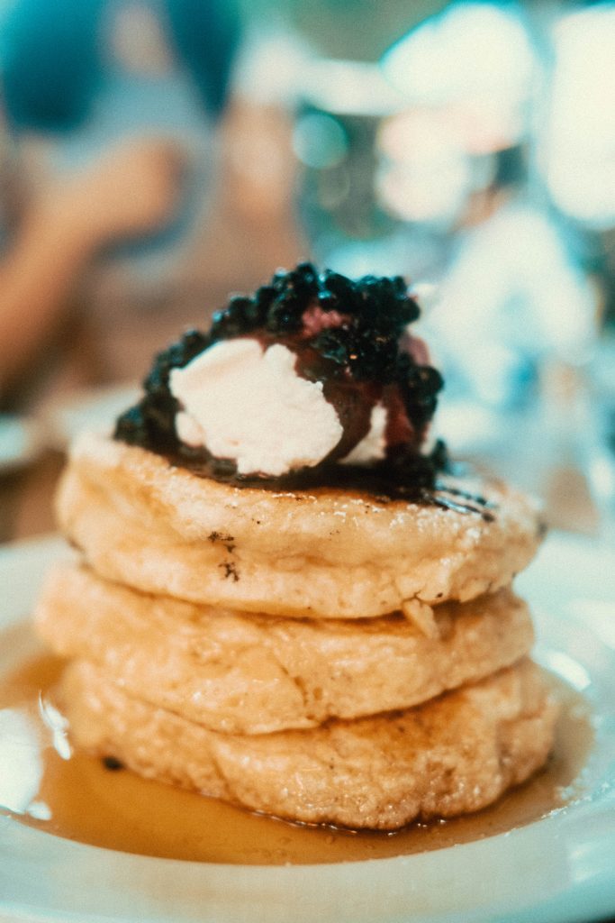 Close up of Stack of pancakes with blueberry compote from Mildred's Temple Kitchen