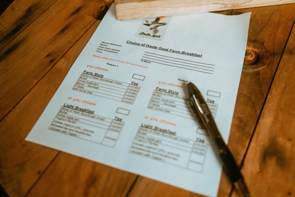 Breakfast Order Sheet for Haute Goat's Alpaca Sleepover Guests. Sheet is found inside the alpaca shelter on the table.
