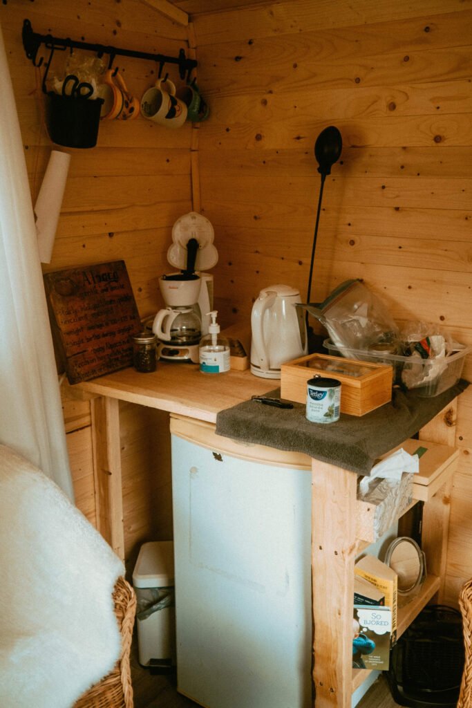 Close up image of the kitchenette area at the Alpaca Sleepover Shelter at Haute Goat Farm