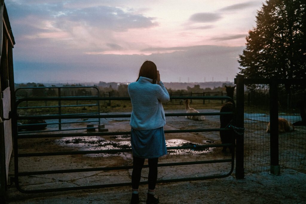 Maria from SYDE Road taking an instax of the sunrising inside the alpaca pen after staying overnight at Haute Goat