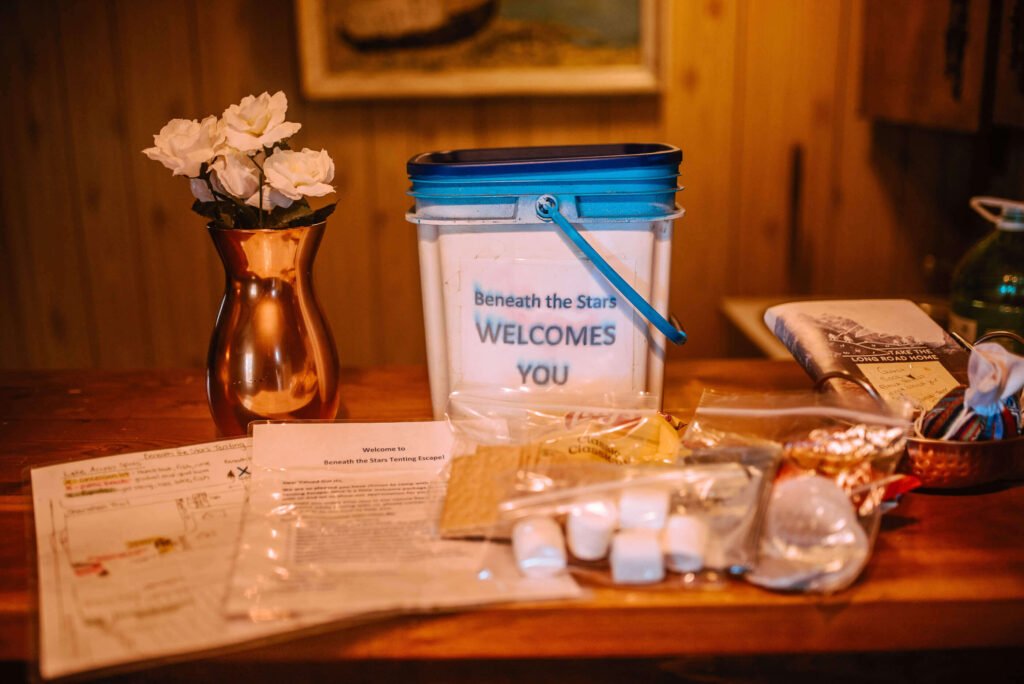 Welcome bucket inside the cozy rustic cabin in Minden, Ontario - Hipcamp Canada Listing