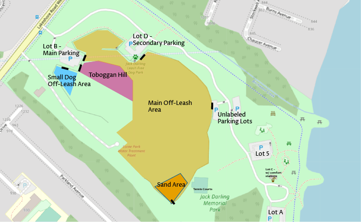 Jack Darling Dog Park Map by SYDE Road. Lists out parking lots, main off-leash areas, as well as dog park entryways