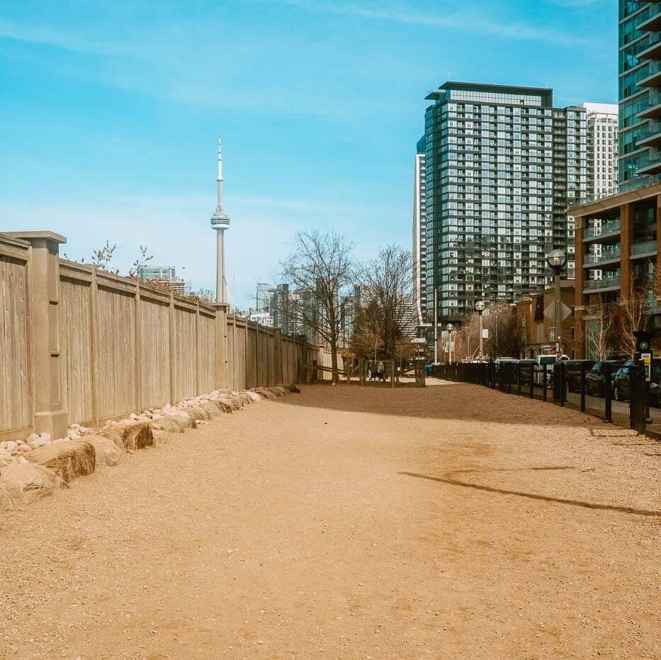 East view of Liberty Village Dog Park - Bill Johnston Dog Park - with views of the CN Tower in the background