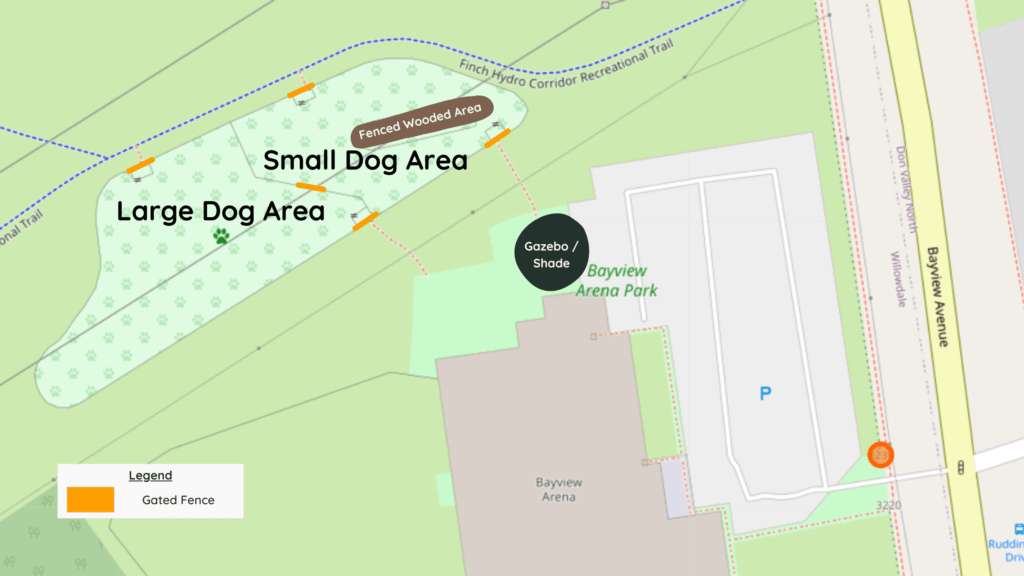 Bayview Arena Dog Park Map. The map is labelled with where the gazebo / shade area is, small dog area, larger dog area, and the fenced entryways are