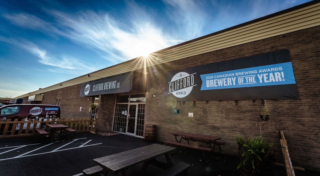 Image of the front entrance of Clifford Brewing Co's entryway and outdoor patio