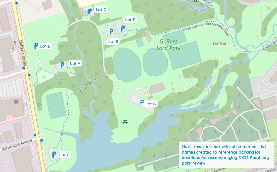 G. Ross Lord Park Map - with parking recommendations for dog park visitors listed from Parking Lot A to Parking Lot G