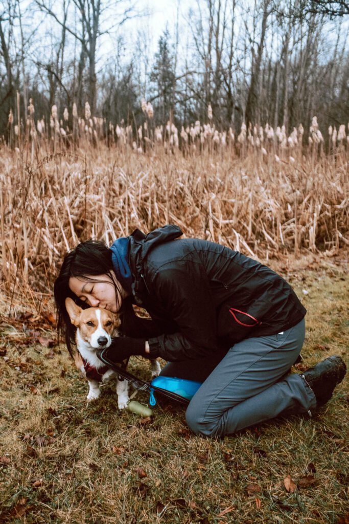 James Garden Park in Etobicoke - Limone, a red and white corgi is while Maria, her owner is kneeling on the ground and kissing the top of Limone's head. Together, they are standing in front of dried cattails during the early spring at James Garden Park. 