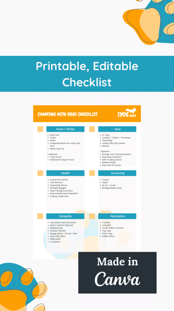Preview of Camping with Dogs Checklist Printable and Editable Canva Template created by SYDE Road