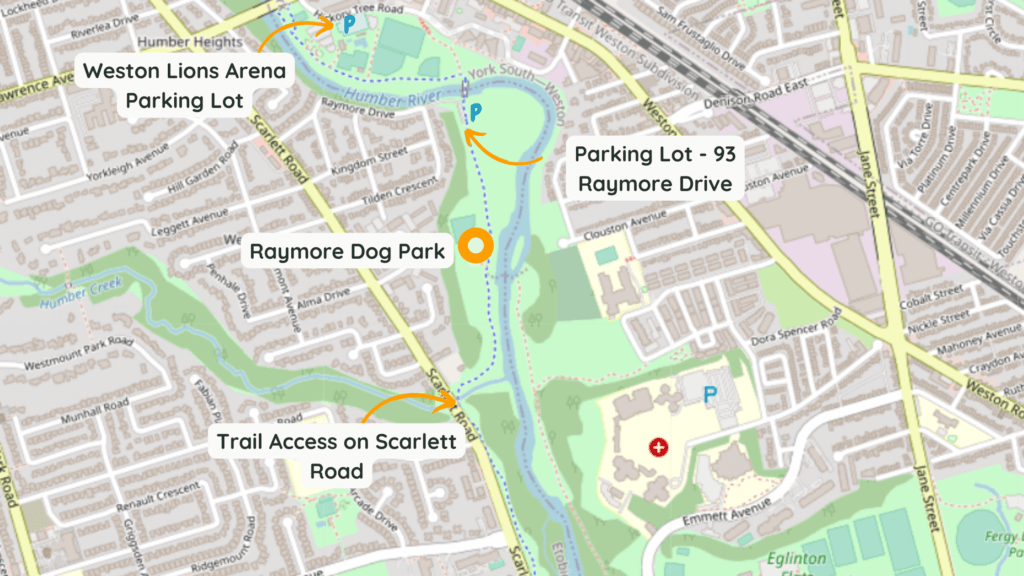 Raymore Park Map with Access Point Options including its address: 93 Raymore Drive, alternative parking at Weston Lions Arena, and bike/hiking trail access from Scarlett Road