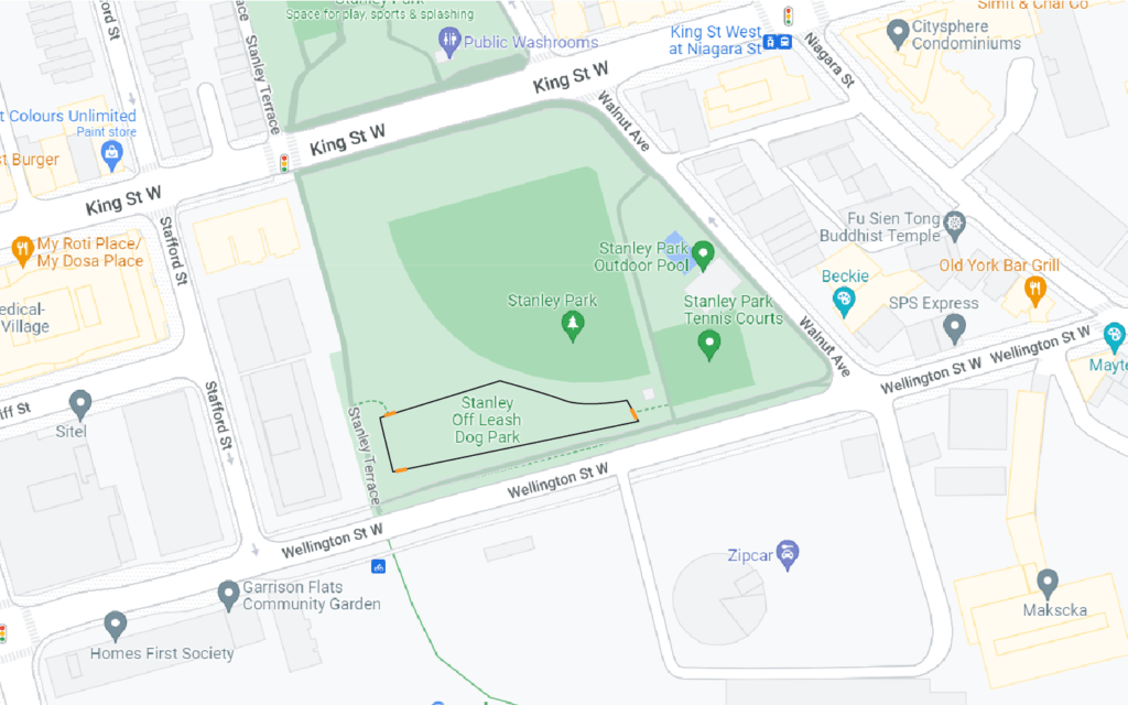 Map of South Stanley Dog Park Toronto - Map shows double-gated entryway locations to the dog park